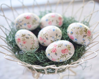 Decoupaged Wooden Easter Egg - Pink, Green and Blue Floral - 1 Egg