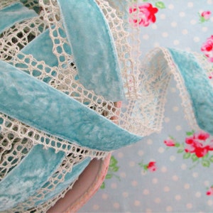 Velvet Center Crochet Ribbon - Powder Blue and Cream - 1 1/2 inch - 1 Yard