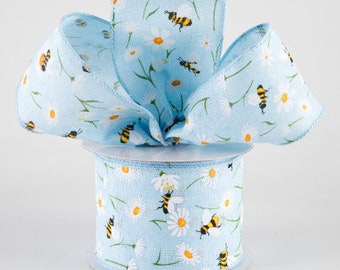 2 1/2" Linen Daisies & Bumblebees Wired Ribbon: Light Blue - 1 Yard