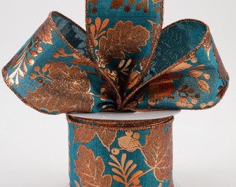 Sold By The Yard ** Listing is for 1 Yard ** 2 1/2" Foil Leaf, Acorn, Berry Wired Ribbon: Dark Teal & Copper