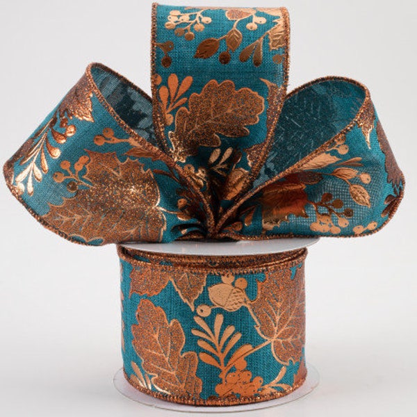 Sold By The Yard ** Listing is for 1 Yard ** 2 1/2" Foil Leaf, Acorn, Berry Wired Ribbon: Dark Teal & Copper