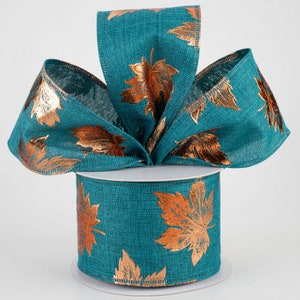 Sold By The Yard ** Listing is for 1 Yard ** 2 1/2&quot; Teal Linen Wired Ribbon With Rust Embossed Fall Leaves