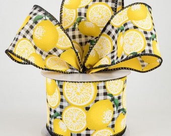 Sold By The Yard ** Listing is for 1 Yard ** 2 1/2" Gingham Lemons Wired Ribbon: Black
