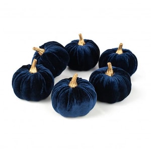 May include: Six small velvet pumpkins in a deep blue color with gold stems. The pumpkins are arranged in a circle on a white background.