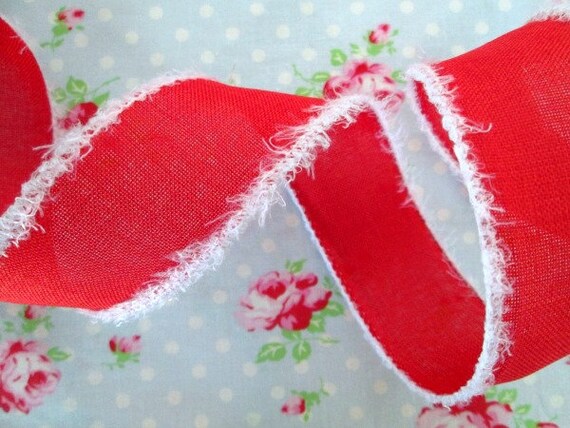 Fuzzy Edge Wired - Red and White - Ribbon - 1 1/2 inch - 1 Yard