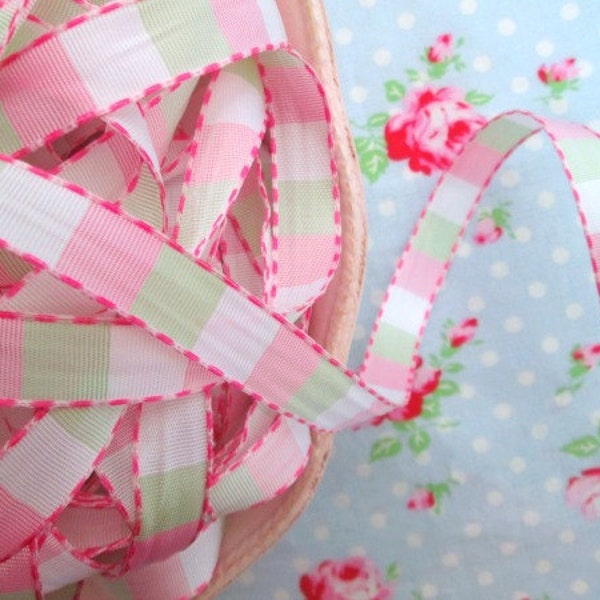 Check Ribbon - Pink and Green - 1/2 inch - 1 Yard