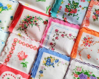 Set of 6 - Assortment of Floral Scalloped Edge Cotton Handkerchiefs