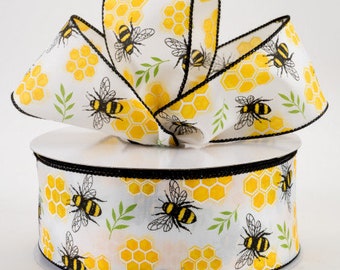 Sold By The Yard ** Listing is for 1 Yard ** 2 1/2" Honeycomb Bee Satin Wired Ribbon