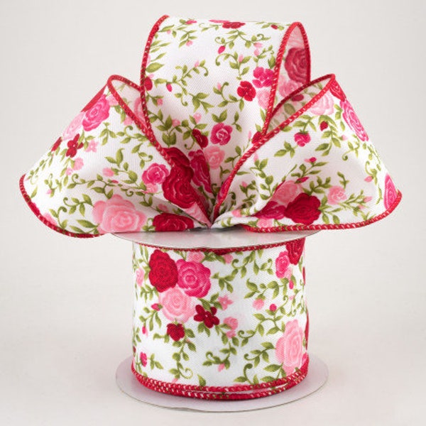 Sold By The Yard ** Listing is for 1 Yard ** 2 1/2" Mini Roses Wired Ribbon: Red & Pink