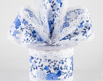 Sold By The Yard ** Listing is for 1 Yard ** 2 1/2" Mini Roses & Lace Scalloped Edge Wired Ribbon: Blues and White