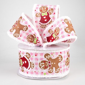 Sold By The Yard ** Listing is for 1 Yard ** 2 1/2" Gingerbread Gingham Fuzzy Edge Wired Ribbon: Pink