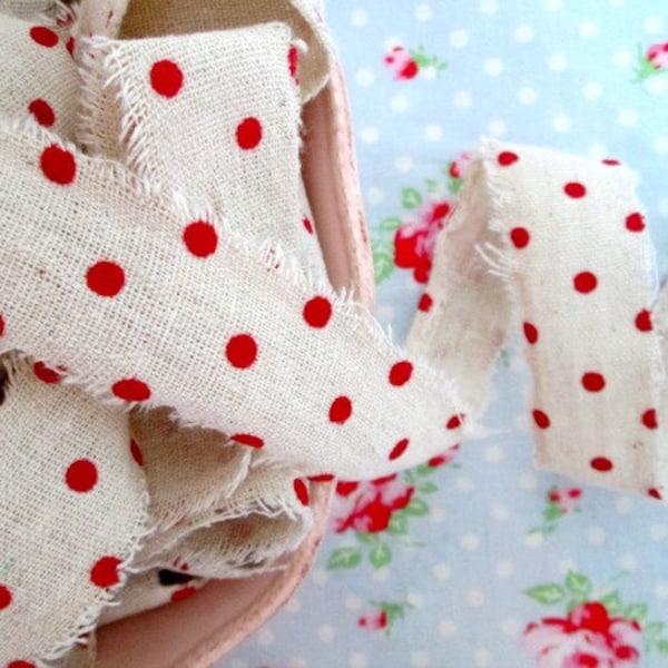 Red Polka Dots on Natural Ribbon with Frayed Edges - 1 1/2 inch - 1 Yard