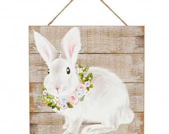 10" Square Wooden Sign: Floral Bunny