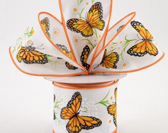 Sold By The Yard ** Listing is for 1 Yard ** 2 1/2" Monarch Butterfly With Daisies Wired Ribbon: White