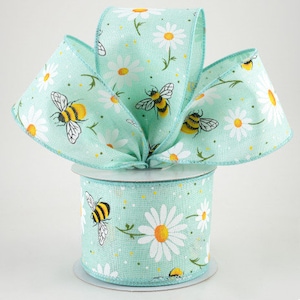 Sold By The Yard ** Listing is for 1 Yard ** 2 1/2&quot; Bumblebees & Daisies Wired Ribbon: Mint Royal