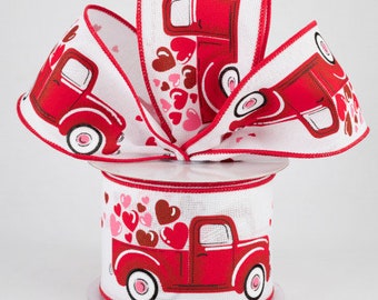 Sold By The Yard ** Listing is for 1 Yard ** 2 1/2" Truck With Hearts Wired Ribbon: White