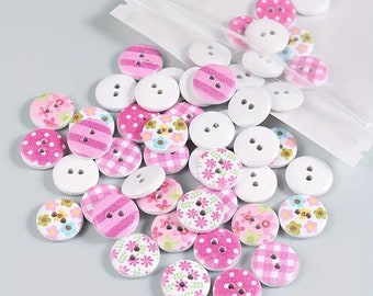 Set of 50 - Pink and White Spring Mix Wooden Painted Buttons