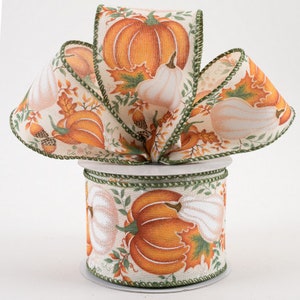 Sold By The Yard ** Listing is for 1 Yard ** 2 1/2" Pumpkin, Gourd, Leaves Wired Ribbon: Cream, Orange, Sage