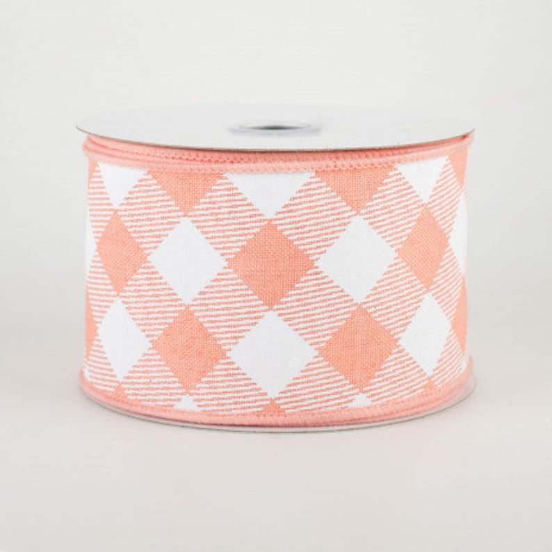 Sold By The Yard Listing is for 1 Yard 2 1/2 Diagonal Check Wired Ribbon: Peach & White image 2