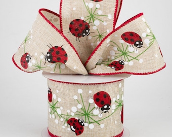 Sold By The Yard ** Listing is for 1 Yard ** 2 1/2" Ladybugs Dandelion Wired Ribbon: Natural