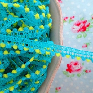 Mini Pom Pom Trim - Turquoise and Yellow - Ball Fringe - 1 Yard