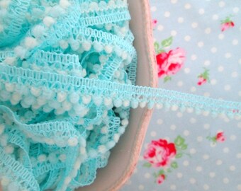 Mini Pom Pom Trim - Blue and Ivory - Ball Fringe - 1 Yard