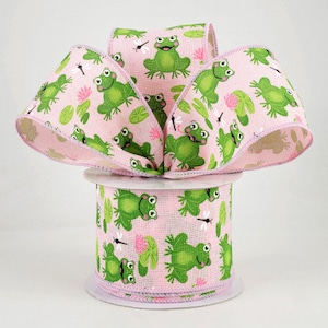 Sold By The Yard ** Listing is for 1 Yard ** 2 1/2" Frogs, Lily Pads, Dragon Flies Wired Ribbon: Pale Pink