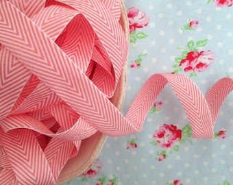 Chevron Striped Twill - Coral and White - Ribbon - 3/4 inch - 1 Yard