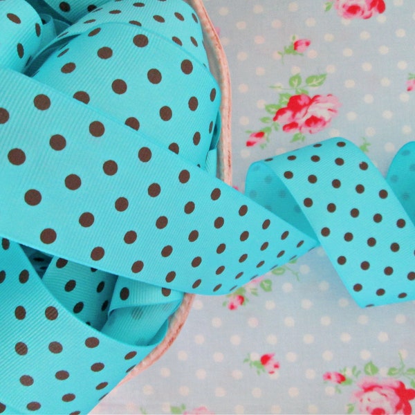 Polka Dot Grosgrain Ribbon -Turquoise with Brown Dots- 1 1/2 inch - 1 Yard