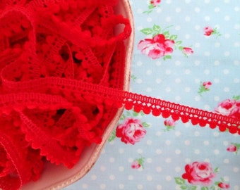 Mini Pom Pom Trim - Cherry Red - Ball Fringe - 1 Yard