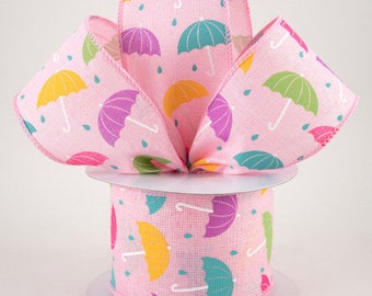 Sold By The Yard ** Listing is for 1 Yard ** 2 1/2" Spring Umbrellas Wired Ribbon: Pink