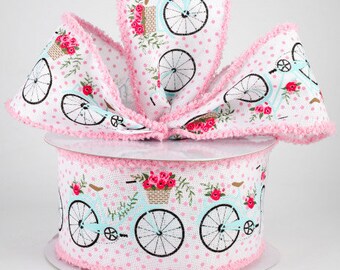 Sold By The Yard ** Listing is for 1 Yard ** 2 1/2" Bicycles & Blooms Chenille Edge Wired Ribbon: White