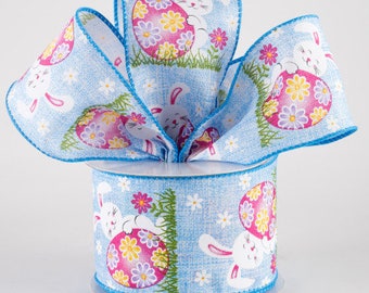 Sold By The Yard ** Listing is for 1 Yard ** 2 1/2" Linen Happy Bunny Egg Wired Ribbon: Blue