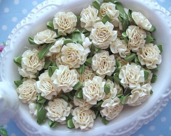 Satin Cabbage Roses - Cream - Set of 10