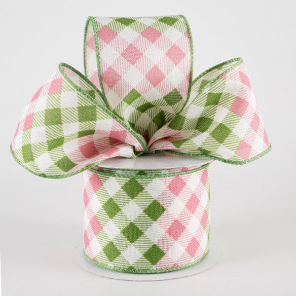 Sold By The Yard ** Listing is for 1 Yard ** 2 1/2" Linen Diamond Ombré Check Wired Ribbon: Ivory, Sage, Pink