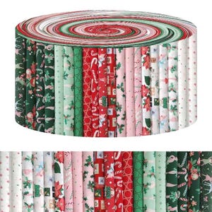 May include: A stack of Christmas-themed fabric rolls. The fabric features various patterns, including candy canes, poinsettias, and holly leaves, in red, green, and pink. The top of the stack has a spiral design in red, green, and white.