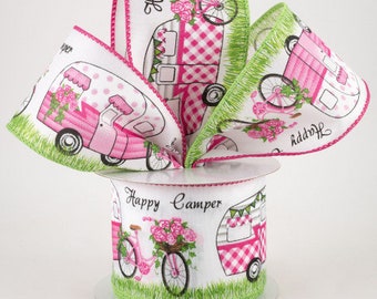 Sold By The Yard ** Listing is for 1 Yard ** 2 1/2" 2 1/2" Satin Happy Camper Bicycles Wired Ribbon