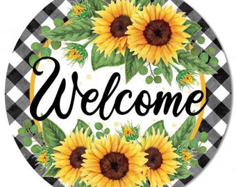 12" Metal Sign: Welcome Sunflowers on Gingham