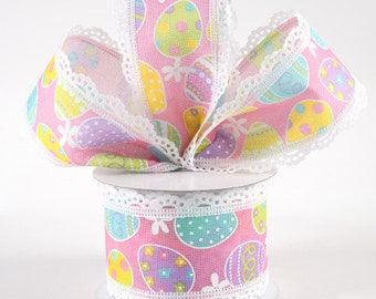 Sold By The Yard ** Listing is for 1 Yard **2 1/2" Easter Eggs Lace Edge Wired Ribbon: Light Pink