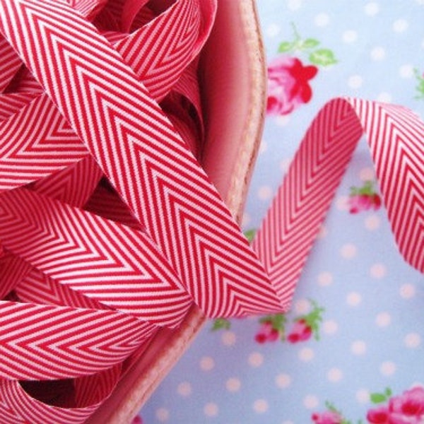 Chevron Striped Twill - Red and White - Ribbon - 3/4 inch - 1 Yard