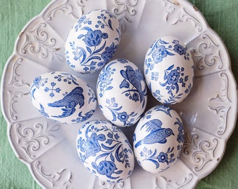 Decoupaged Wooden Easter Egg - Blue and White Floral Bird - 1 Egg