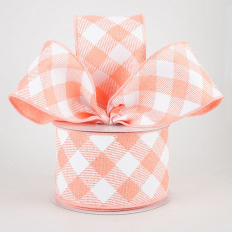 Sold By The Yard Listing is for 1 Yard 2 1/2 Diagonal Check Wired Ribbon: Peach & White image 1