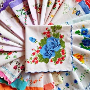 Set of 12 - Assortment of Floral Scalloped Edge Cotton Handkerchiefs