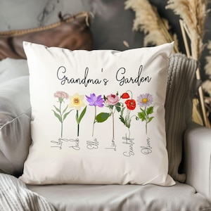 Almohada de jardín de la abuela personalizada, regalo de Navidad, almohada de jardín de la abuela con nietos, almohada de flor de nacimiento personalizada, almohada con nieto