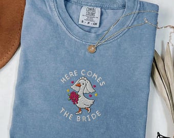 Embroidered Bride Goose Comfort Colors Tee, Bachelorette Party Bridal Shower