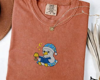 Embroidered Reading Goose Shirt, Comfort Colors Book Lover Tee