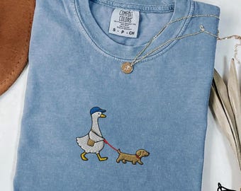Embroidered Goose Dog Walking T-Shirt, Comfort Colors Unisex Tee