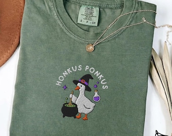 Embroidered Witch Goose Halloween Shirt, Comfort Colors Spooky Season Tee