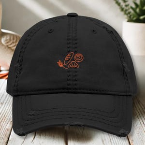 Bread Embroidered Hat ,Bakery Dad Hat, Minimalist Foodie Hat, Croissant Baseball Cap, Black Distressed Hat, Cute Baker Gift