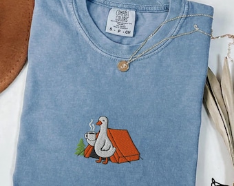Embroidered Goose Camping T-Shirt, Comfort Colors Unisex Tee
